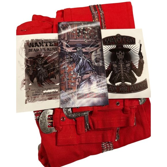 Guapi Skeleton Pants Mens 30 Red Crystal Rhinestone Limited Edition Buckle Zip - Picture 1 of 12